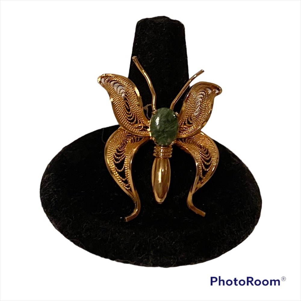 BURT CASSELL BROOCH PIN VINTAGE BUTTERFLY JADE 1/20 12KT GOLD FILLED FILIGREE
